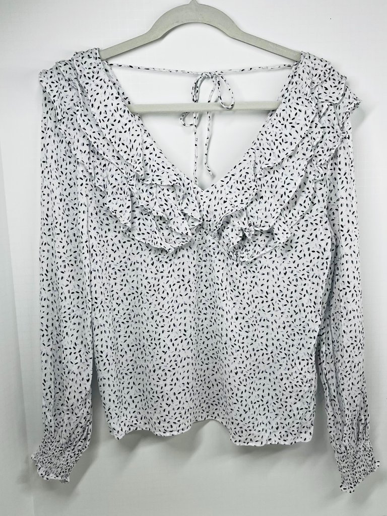 Hutch White W/ Purple & Black Modern Pattern Ruffled V-Neck Long Sleeve Blouse